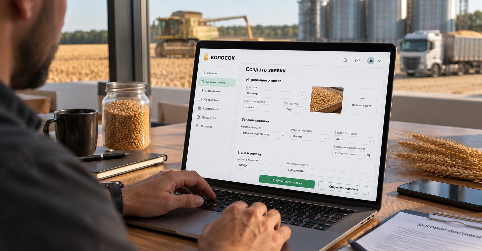 Создание заявки на покупку зерна на платформе