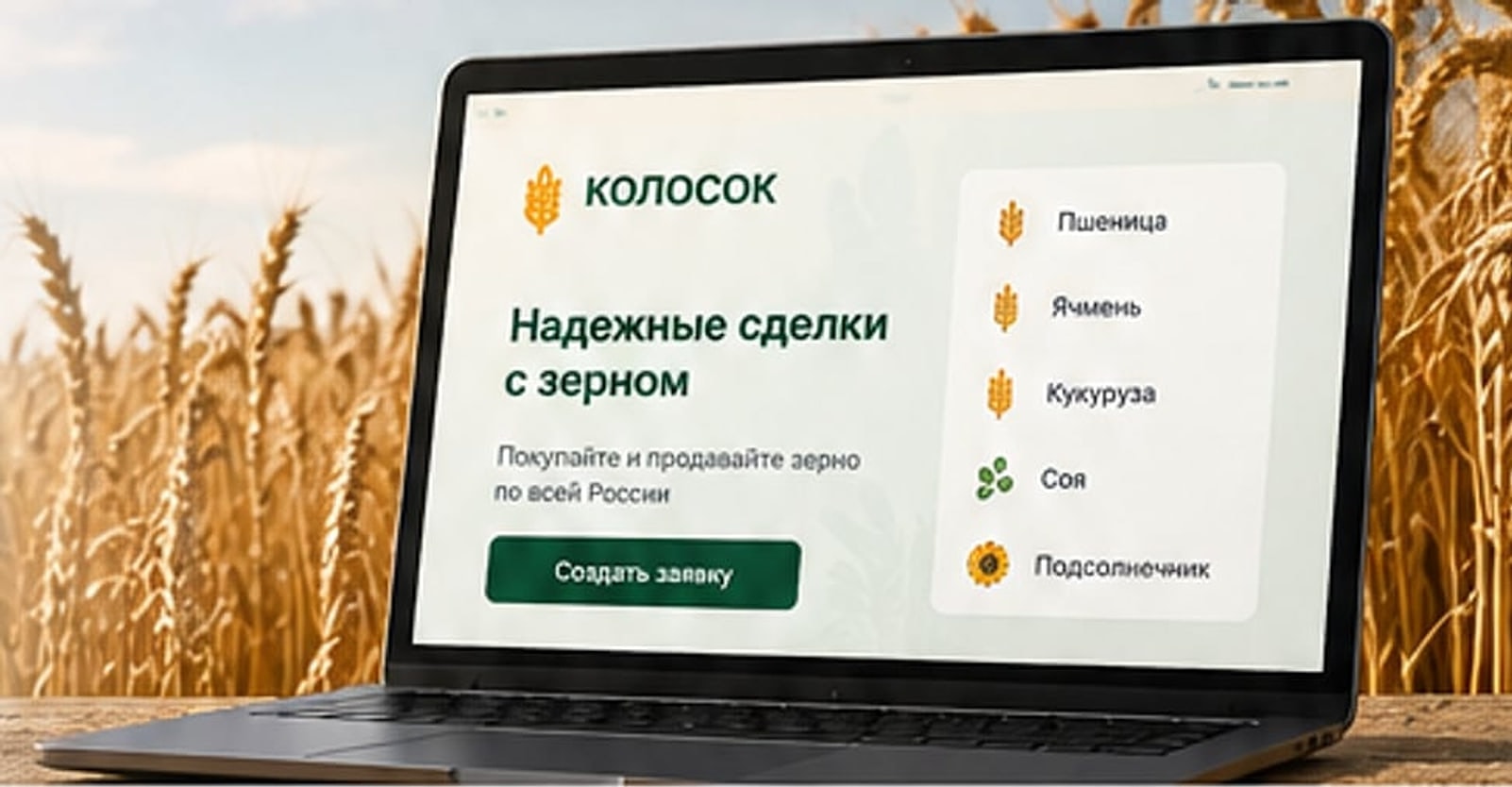 Ноутбук с платформой КОЛОСОК на фоне пшеничного поля